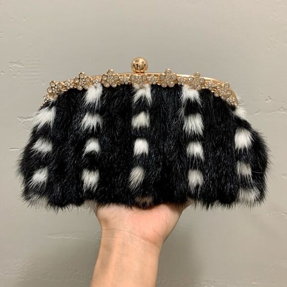 Gorgeous Handmade Real Mink Fur Rhinestone Push-lock Clutch/Wristlet/Crossbody - Picture 2 of 15